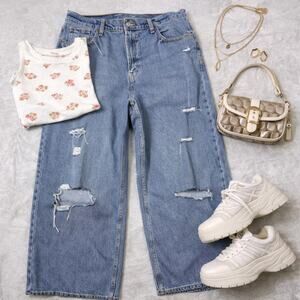 Old Navy 14 High Rise Baggy Wide Leg Jeans Women's 14 Distressed Denim Y2K 90s